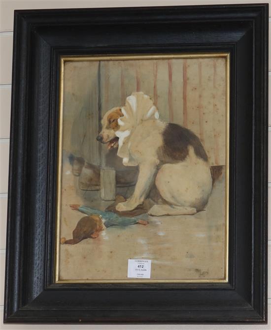 Cecil Aldin, pencil and watercolour sketch of a terrier with a hand puppet, 38 x 29cm
